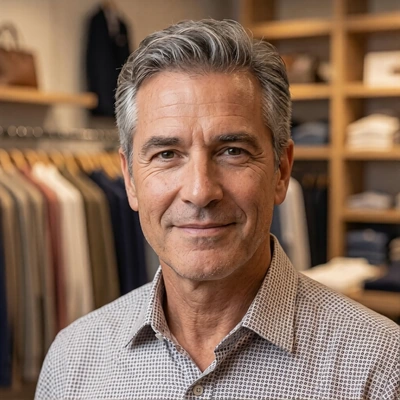 John Z, a retail business owner, photographed inside a clothing store with apparel displays in the background