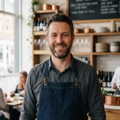 Marco P., a restaurant owner, smiling inside his dining space with tables, shelving, and menu boards in the background