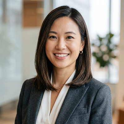Sarah M., a professional services business owner, smiling in an office setting with a blurred workspace in the background