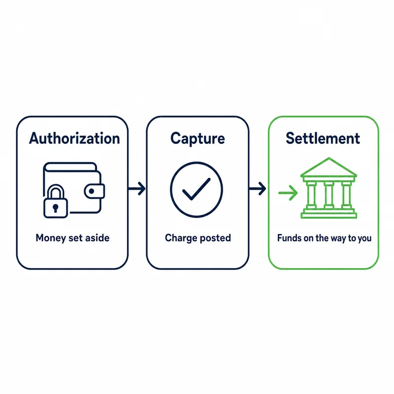 Diagram of the three steps of a card sale, authorization, capture and settlement, and where the money is at each step