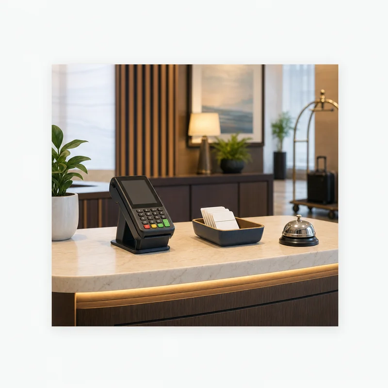 Countertop card terminal, blank key cards and a service bell on a hotel front desk