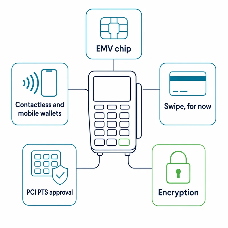 Diagram of five features every card terminal should support: EMV chip, contactless and mobile wallets, swipe, PCI PTS approval and encryption