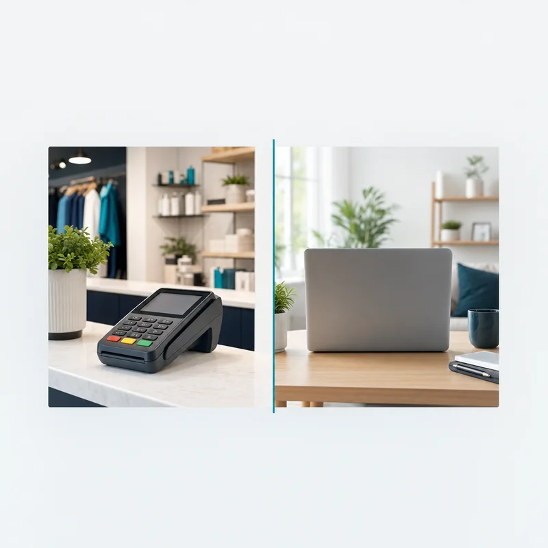 Countertop card terminal on a shop counter beside a laptop on a home desk