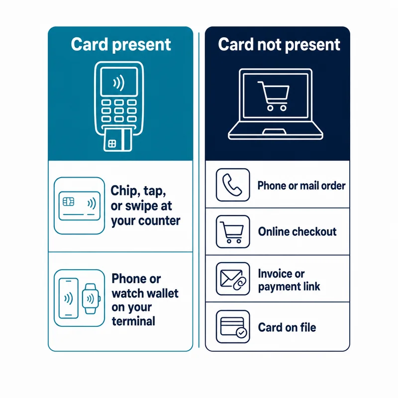 Diagram comparing card present sales, such as chip, tap or swipe, with card not present sales, such as phone, online, payment link and card on file