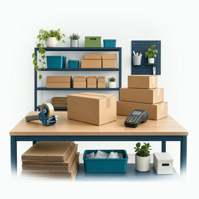 Sealed shipping boxes, tape dispenser and card terminal on a small shop's packing station