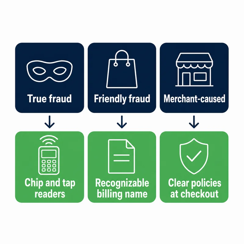 Diagram of the three root causes of chargebacks, true fraud, friendly fraud and merchant-caused, and where each is prevented