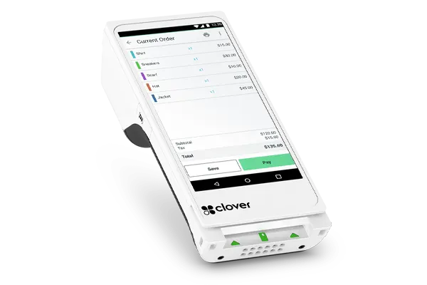 Clover Flex handheld POS terminal displaying active order screen with itemized sales total and built-in thermal receipt printer for mobile retail merchants via PayPoint Systems