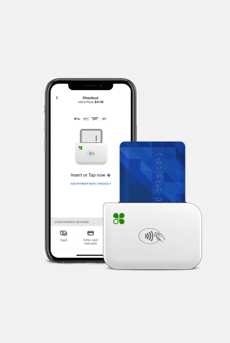 Clover Go mobile card reader with credit card inserted next to a smartphone displaying a Clover checkout screen for John's Pizza showing $41.38