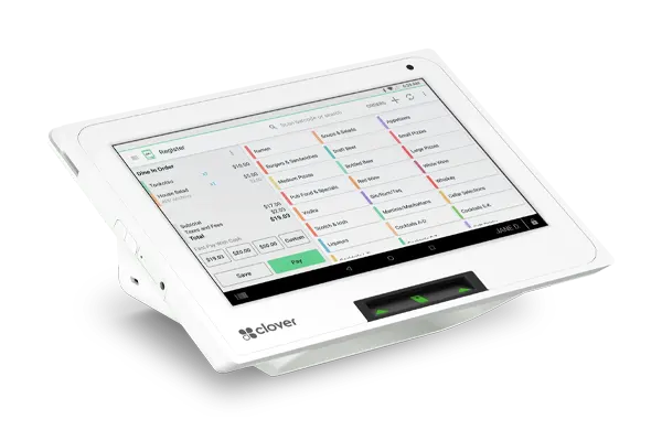 Clover Mini compact countertop POS terminal displaying restaurant menu and order management screen with built-in card reader for small business merchants via PayPoint Systems