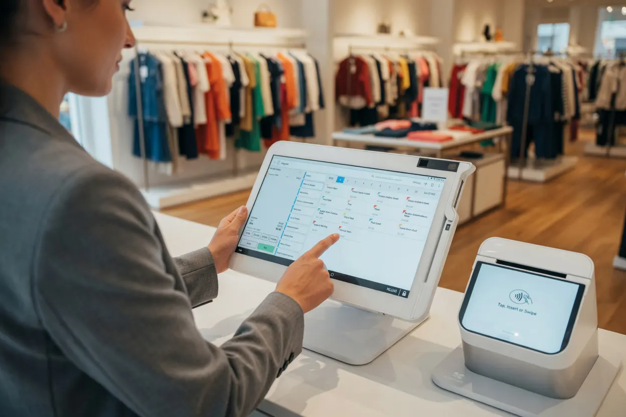 Retail clerk scanning clothing items and processing a payment on a Clover Station Duo countertop POS system.
