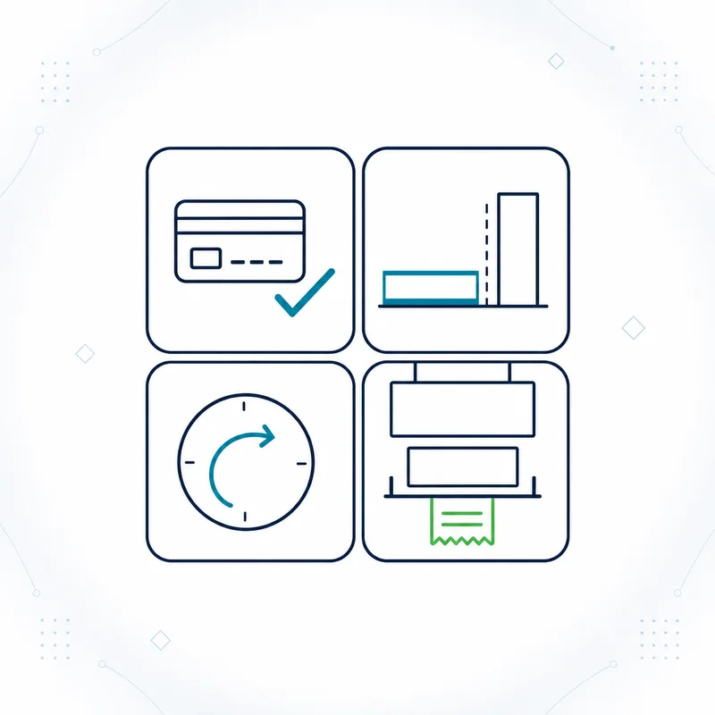 Diagram of four equal parts of a compliant credit card surcharging program: credit cards only, a fee cap at the cost of acceptance, advance network notice, and clear customer disclosure