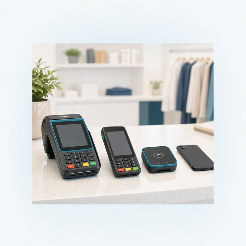 Countertop terminal, handheld terminal and mobile card reader side by side on a checkout counter