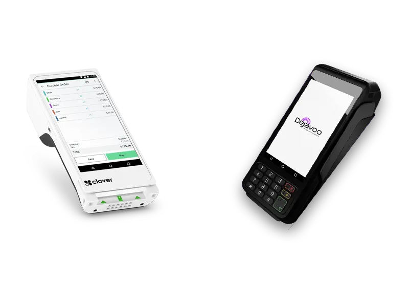 Dejavoo P1 and Clover Flex handheld smart terminals for mobile credit card processing.