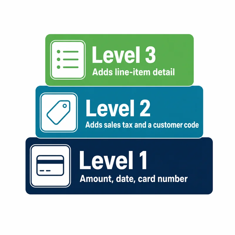 Diagram of the three levels of card data: Level 1 basics, Level 2 adds sales tax and a customer code, Level 3 adds line-item detail