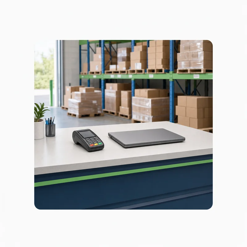Card terminal and closed laptop on a wholesale distribution counter with stacked boxes behind