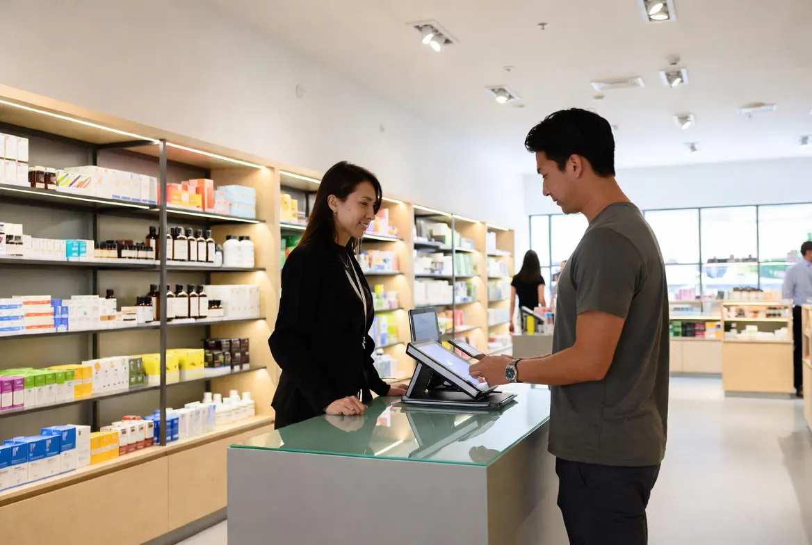 Customer purchasing wellness supplements using a secure payment terminal at a specialized retail counter.