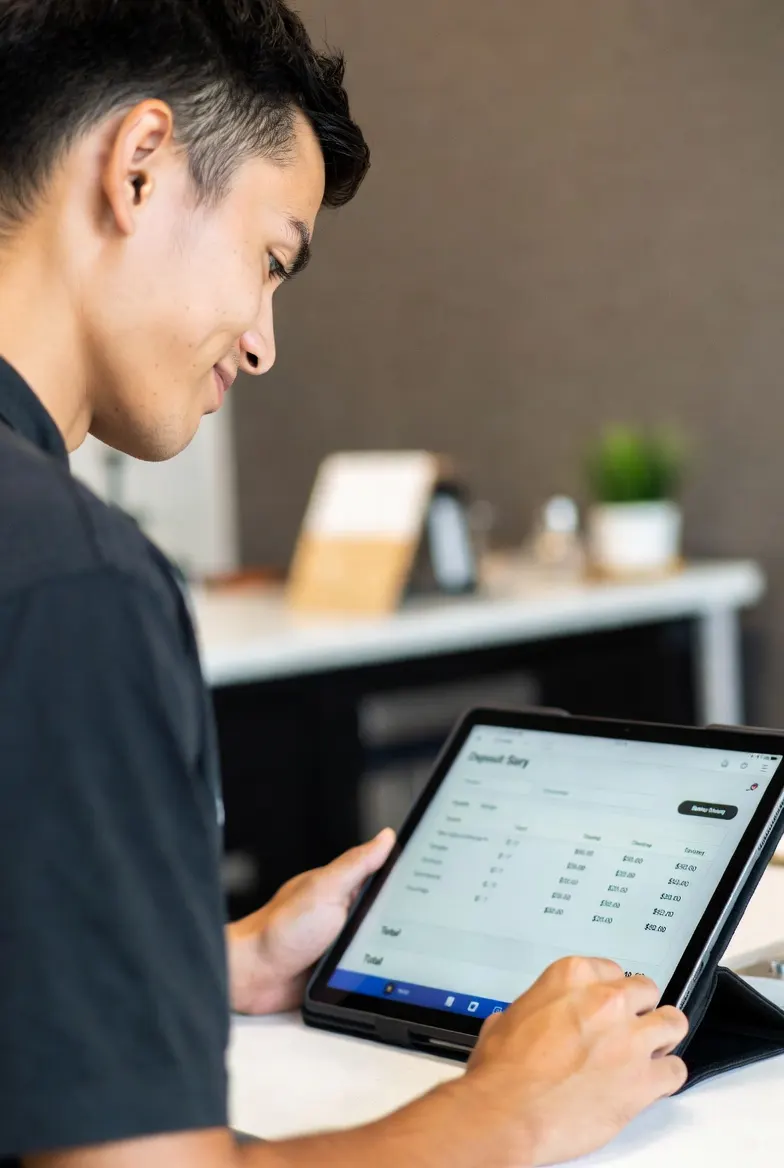 Small business owner reviewing a deposit summary on a tablet, showing payment totals and transaction line items at a clean counter workspace
