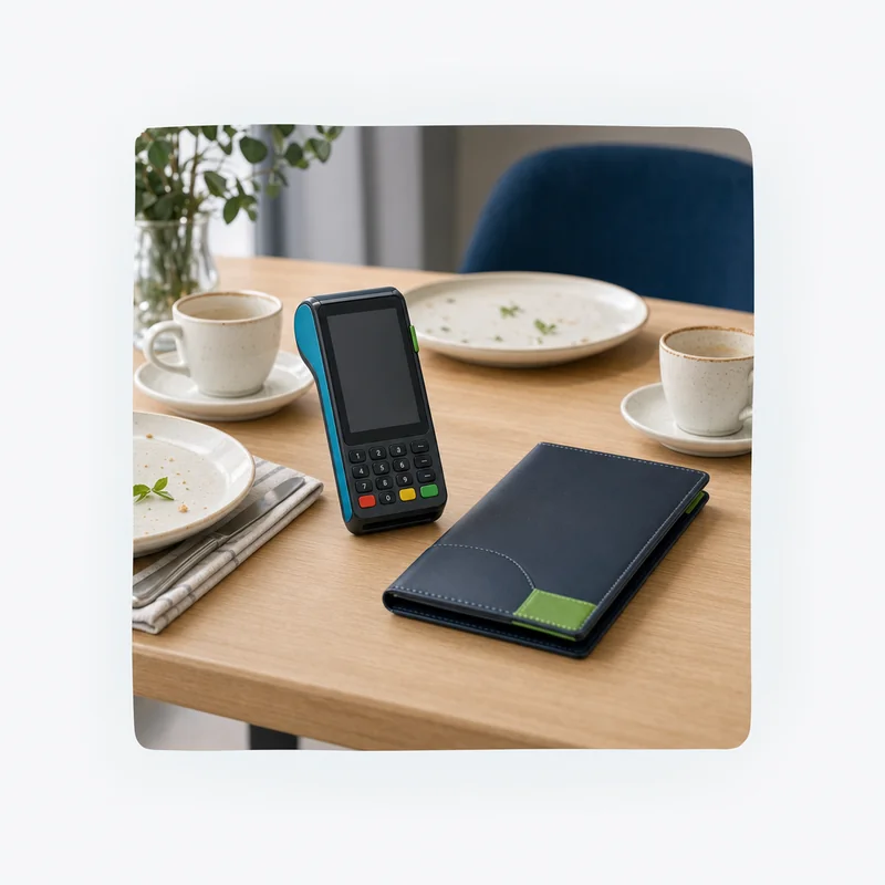 Handheld payment terminal beside a closed check folder on a restaurant table