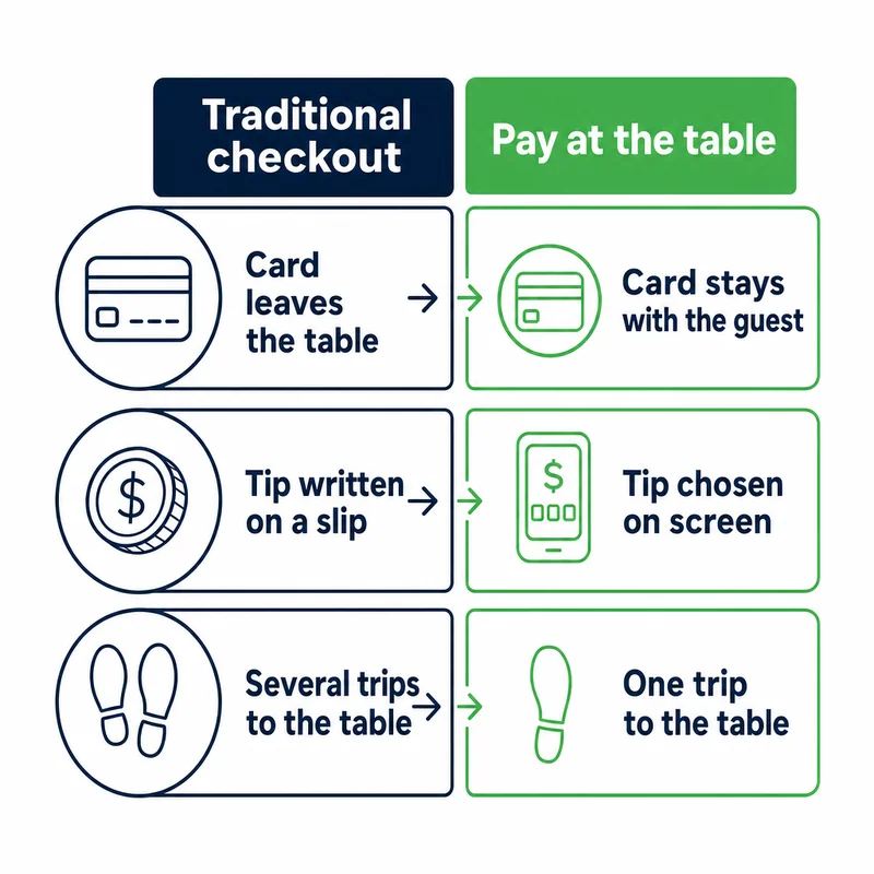 Diagram comparing traditional restaurant checkout with pay at the table on the card, the tip and trips to the table