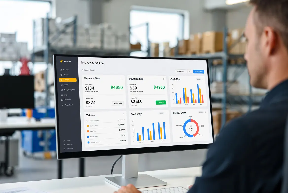 Office employee reviewing digital invoices and secure payment gateways on a desktop monitor in a warehouse setting.