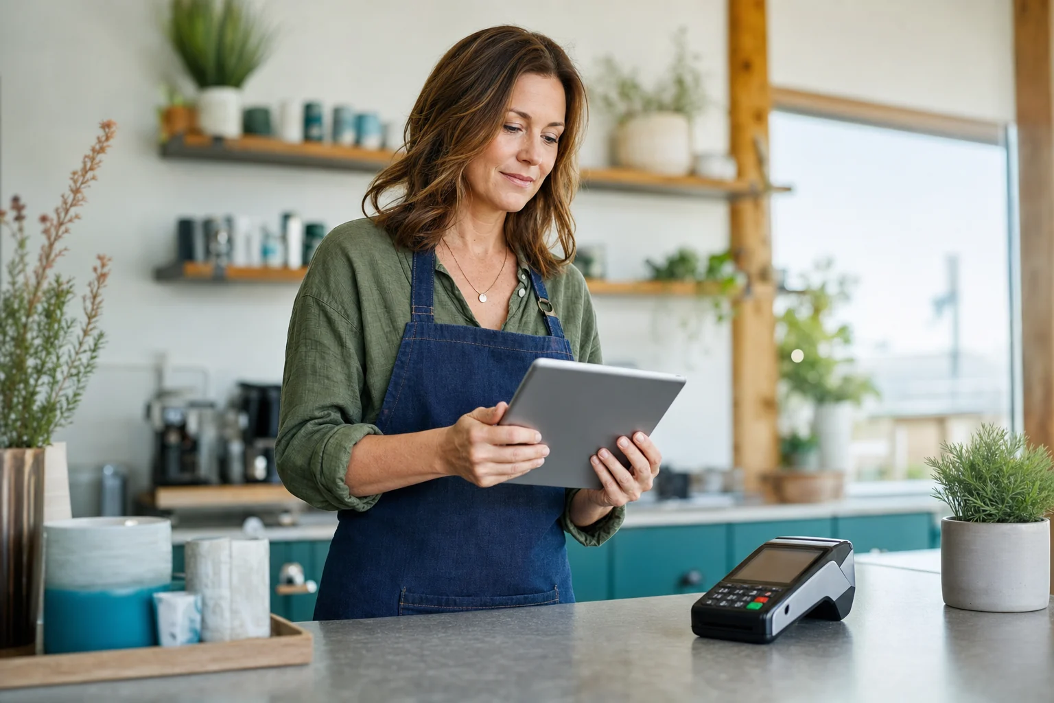 Northwest Indiana small business owner reviewing compliant ways to pass credit card fees to customers at the checkout counter