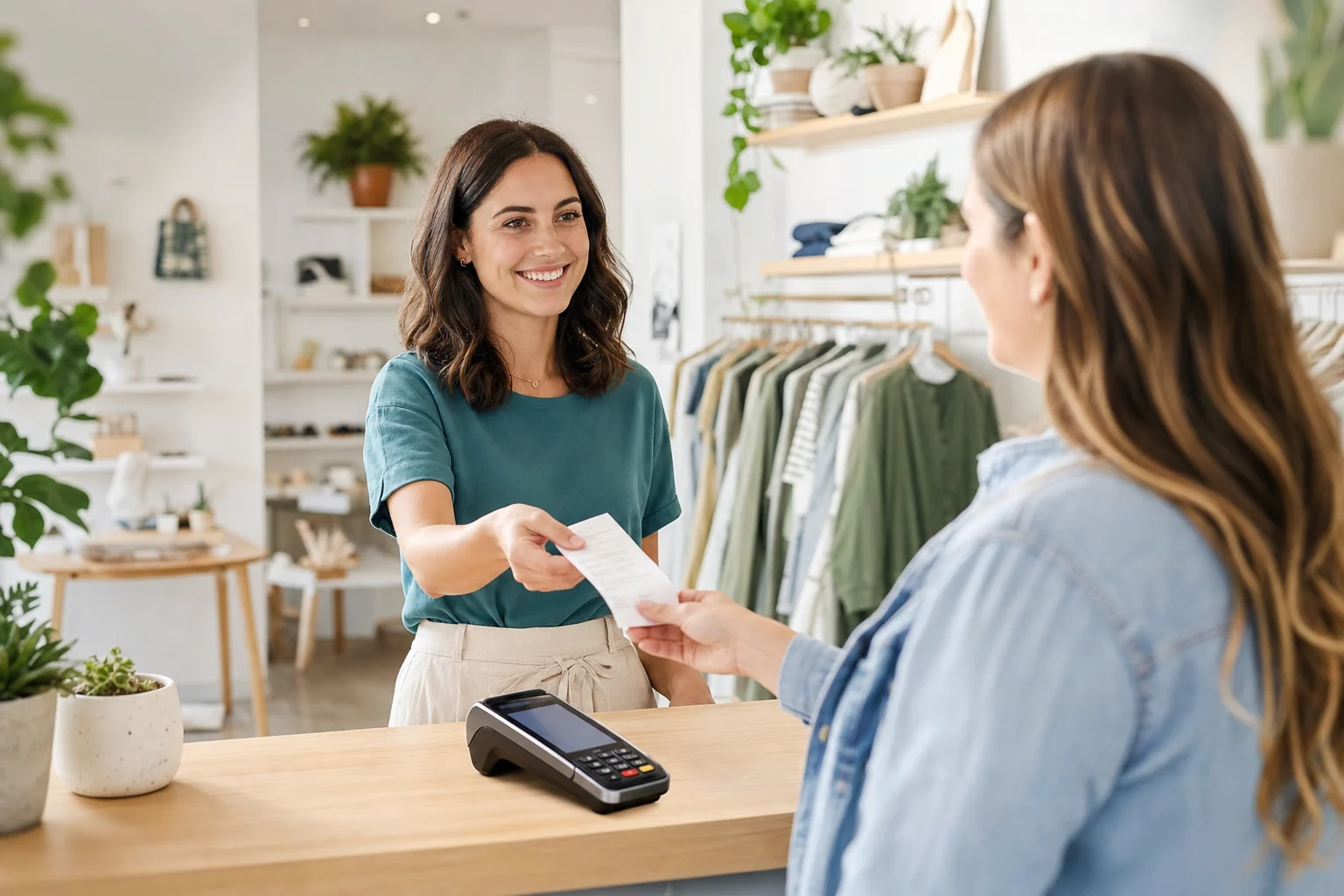 Checkout counter receipt showing a credit card surcharge line item next to a payment terminal
