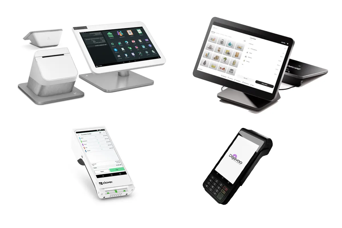 POS hardware lineup featuring Clover Station Duo, Clover Flex, Square Register, and Dejavoo smart terminal for retail and restaurant payment processing
