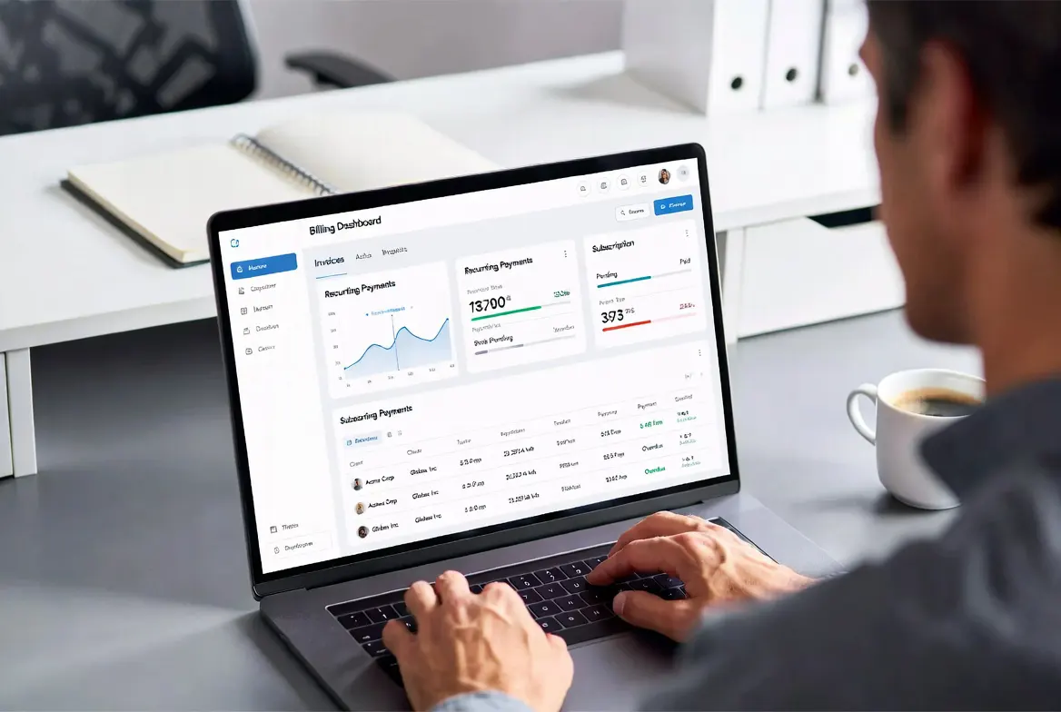 Professional consultant using a laptop with a digital billing dashboard showing invoices, recurring payments, and subscription management.