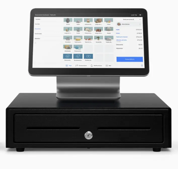 Square Register countertop POS system with touchscreen display and cash drawer used for retail payment processing and credit card transactions