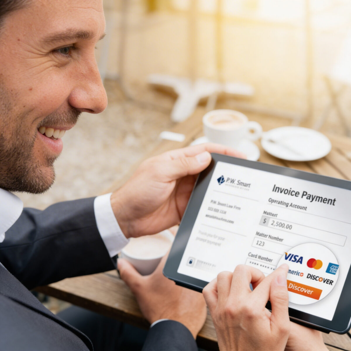 Business owner reviewing invoice payment on tablet with credit card processing options displayed