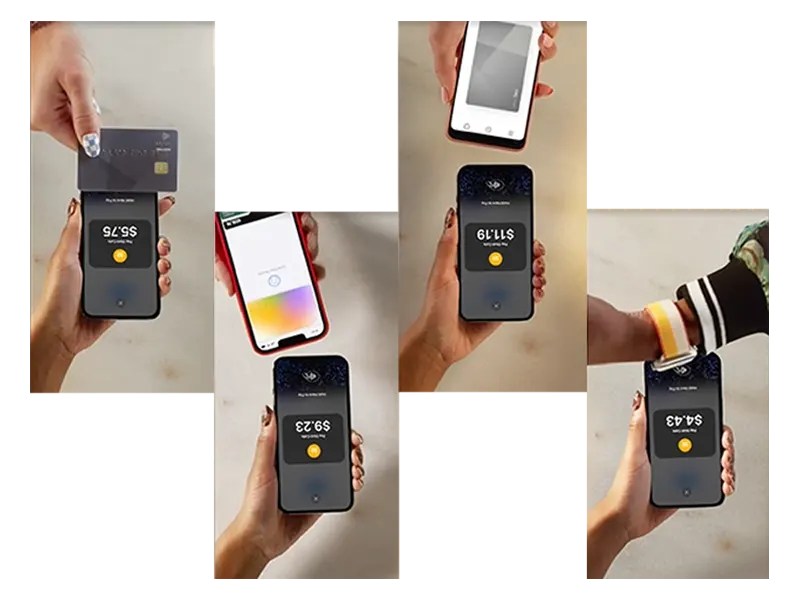 Customer tapping a physical credit card to a merchant's smartphone using Tap to Pay technology.