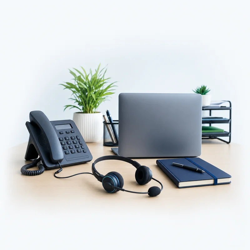 Desk phone, headset and laptop on an office desk set up for taking phone orders