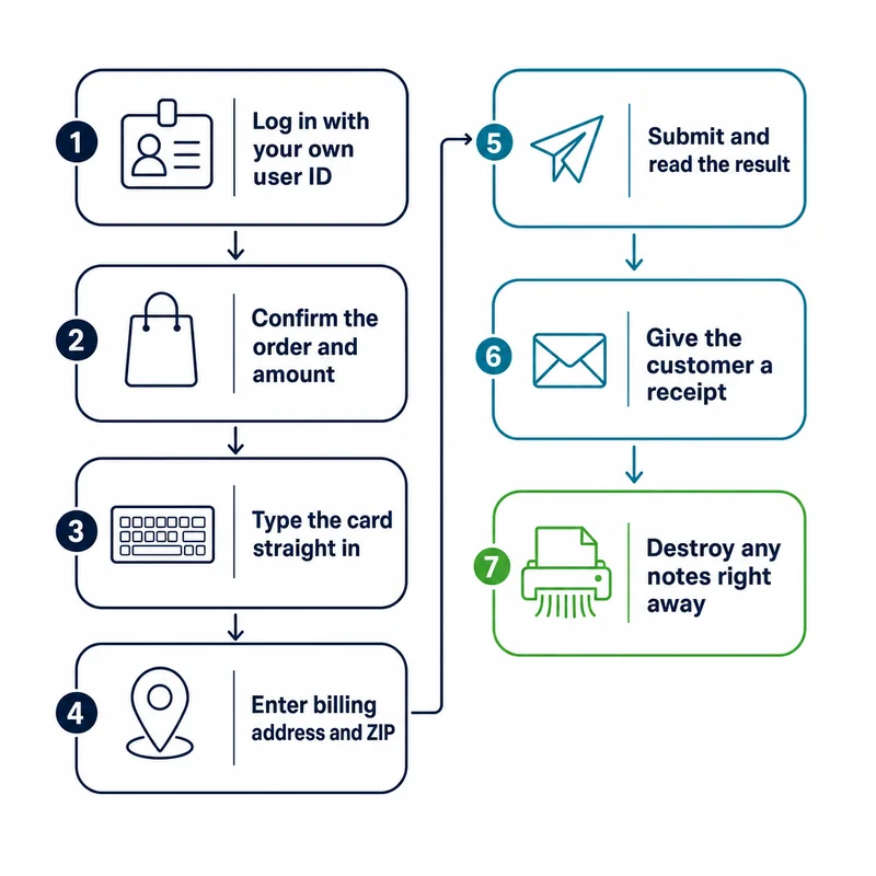 Diagram of seven steps for taking a card payment by phone in a virtual terminal