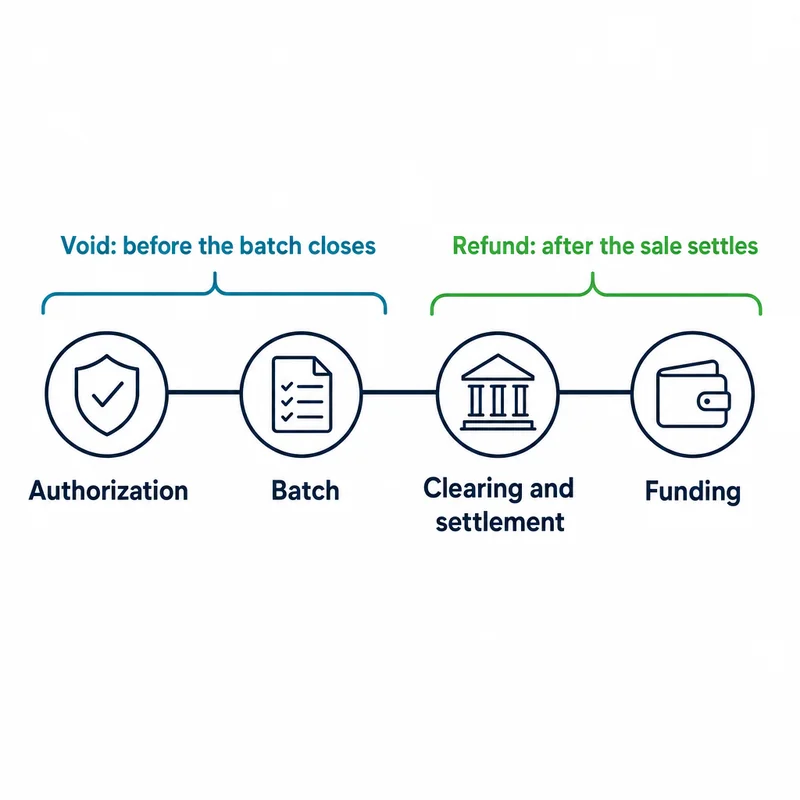 Timeline of a card sale from authorization to funding, showing that a void happens before the batch closes and a refund after the sale settles