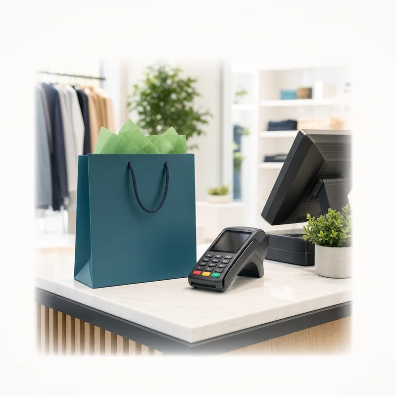 Shopping bag set down beside a countertop card terminal at a retail checkout counter