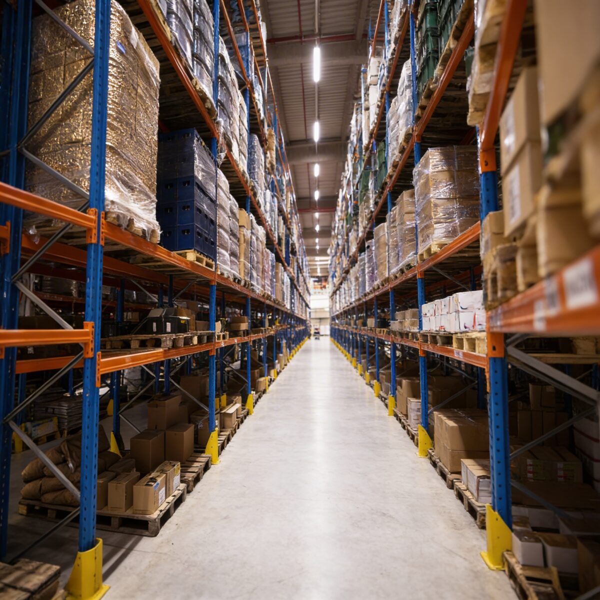 Warehouse storage facility with pallet racking and inventory ready for distribution